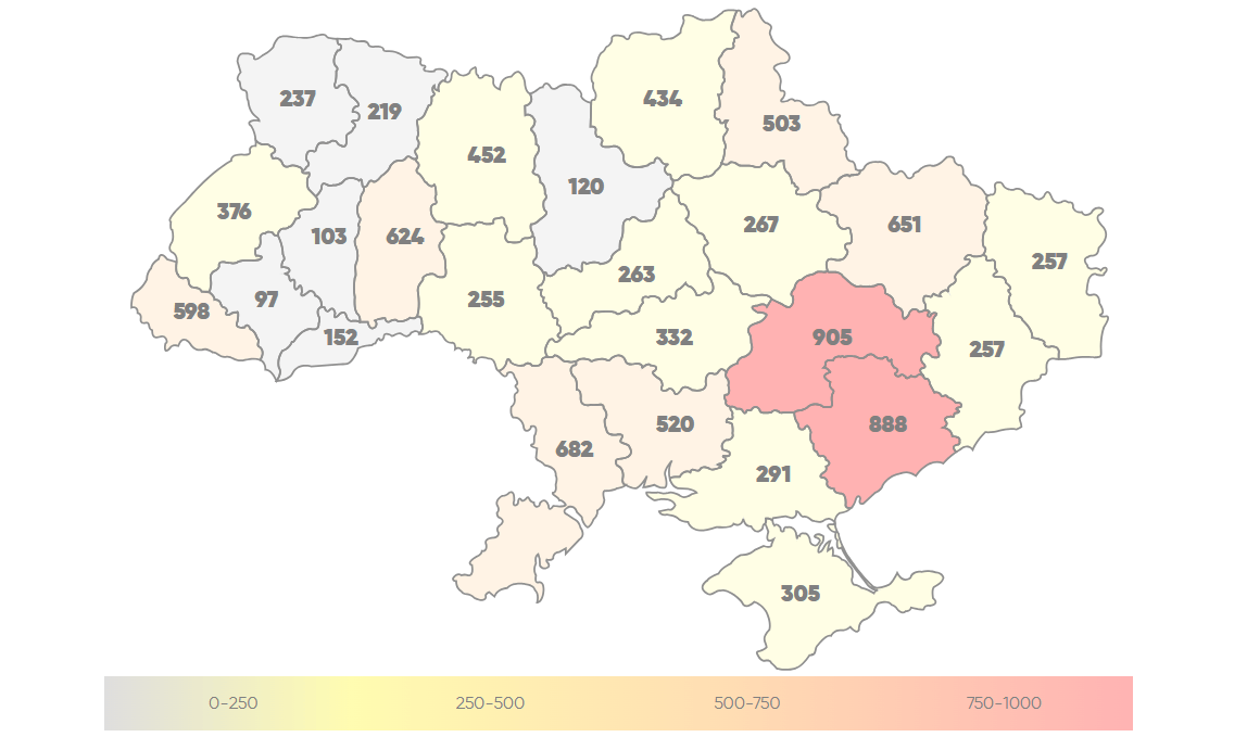 карта Количество смертей в областях Украины из-за употребления алкоголя